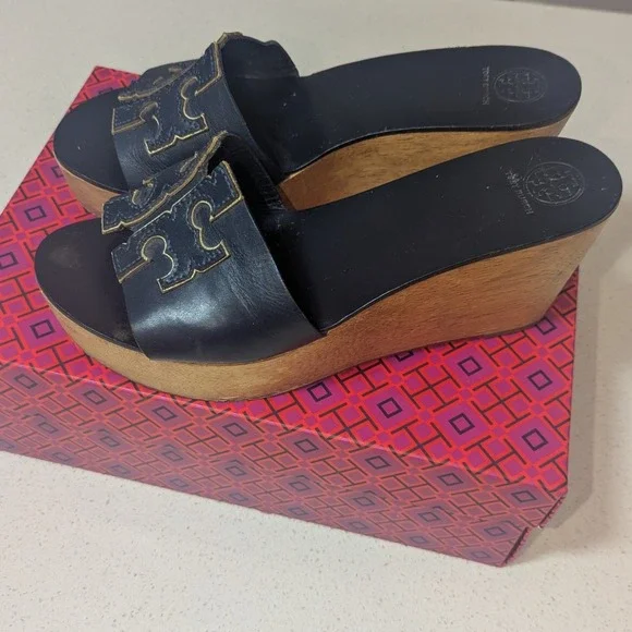 Tory Burch Ines Wedge Slide Women 8.5 Navy Gold Leather 80mm 51985 - Picture 4 of 7